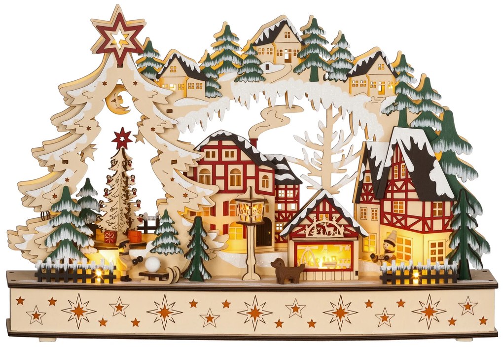 HOMCOM Sat de Crăciun în ținutul de iarnă, 20 LED-uri, multistrat, lemn natural, 45 x 12 x 30 cm | Aosom Romania
