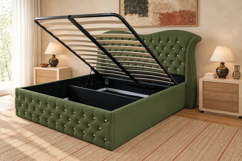 Pat tapițat Chesterfield Avella 180×200 cm, kaki, cu ladă de depozitare