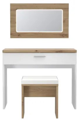 Set Masa Toaleta Olinda, Alb & Stejar Artisan & Alb Lucios, 100,5 x 146 x 42 Cm