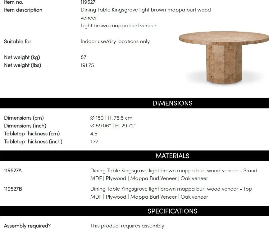 Masa rotunda LUX, Furnir Burl Mappa, Kingsgrove 150cm