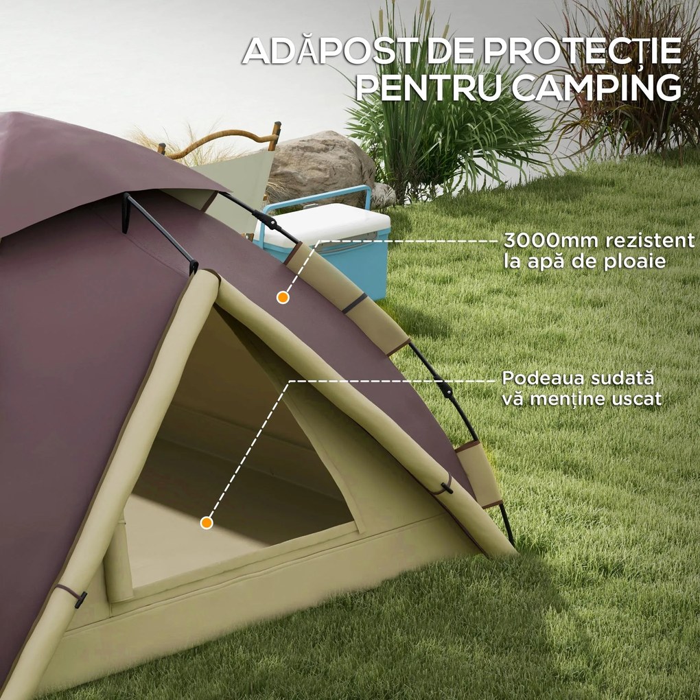 Outsunny Cort Camping 2 Locuri cu 2 Ferestre și Cârlig Interior, Cort Camping din Poliester și Fibră de Sticlă, 225x190x130 cm, Kaki | Aosom Romania