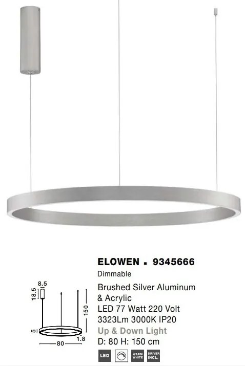 Lustra LED design circular cu iluminat sus si jos ELOWEN argintiu, diametru 80cm