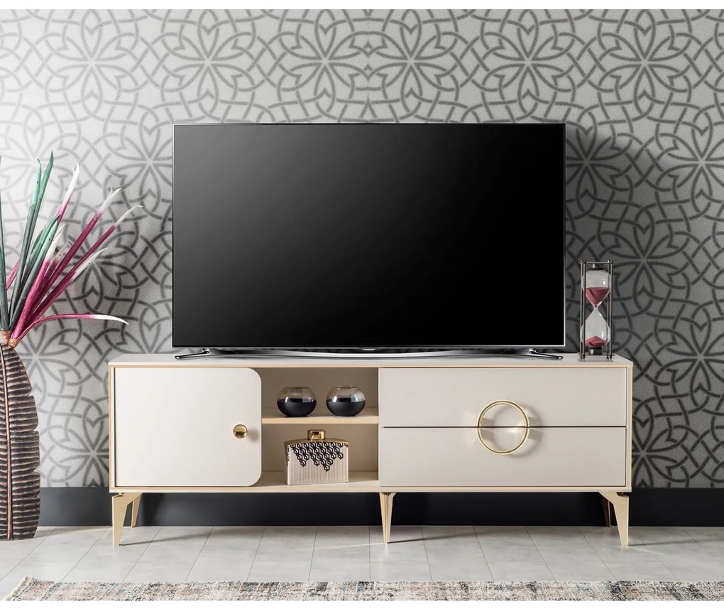 Comoda TV ANGEL, cu sertare si spatii depozitare, crem, 180x36x64 cm
