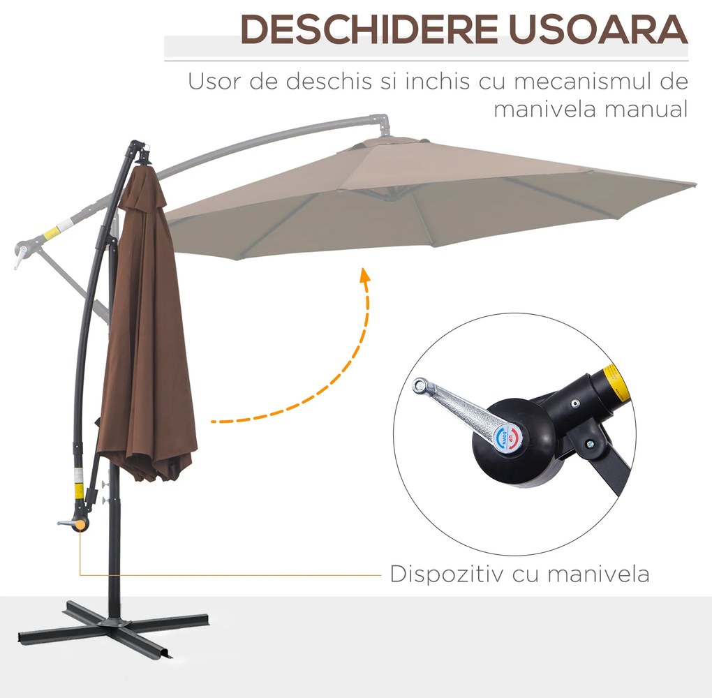 Outsunny Umbrelă Exterioară cu Manivelă, din Oțel și Poliester Rezistent la UV, Ø295x245 cm, Cafea | Aosom Romania