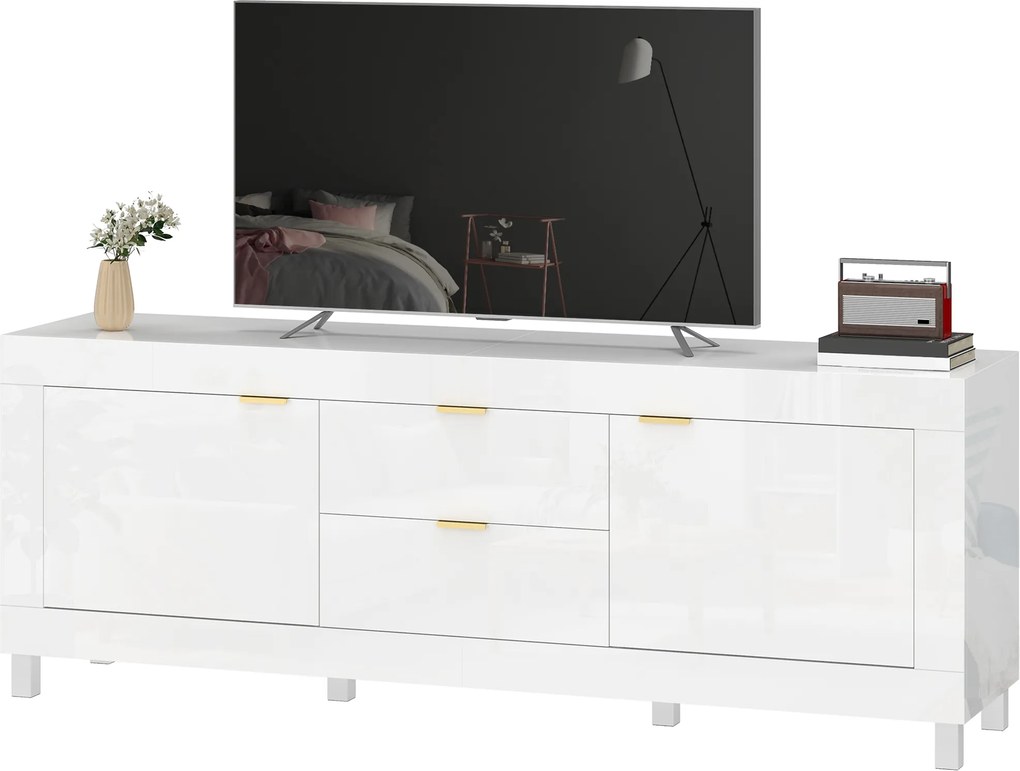 HOMCOM Dulap TV pentru televizoare de până la 190,5 cm, centru de entertainment modern cu 2 dulapuri și 2 sertare, Alb lucios | Aosom Romania