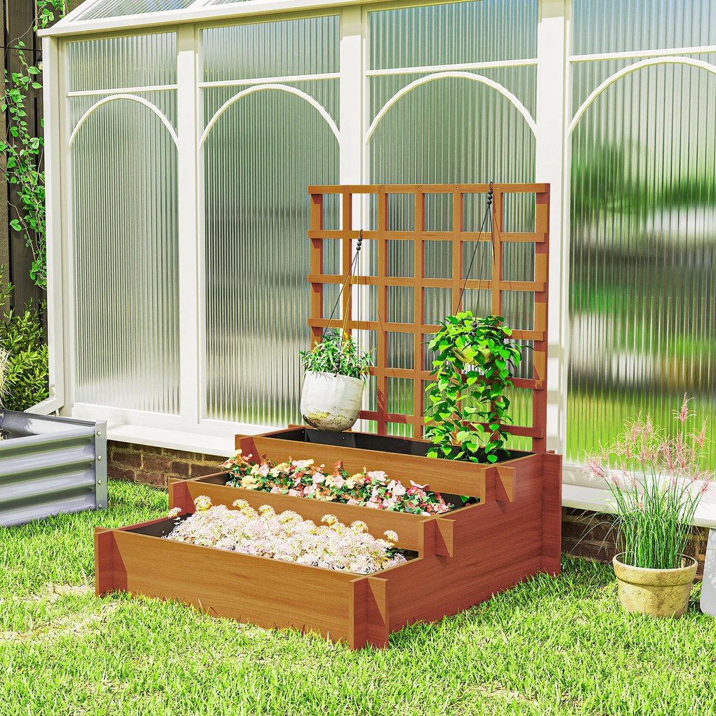 Outsunny Jardinieră cu 3 Niveluri și Grilaj pentru Plante Cățărătoare, Straturi Ridicate din Lemn, 95x95x110cm, Natural | Aosom Romania
