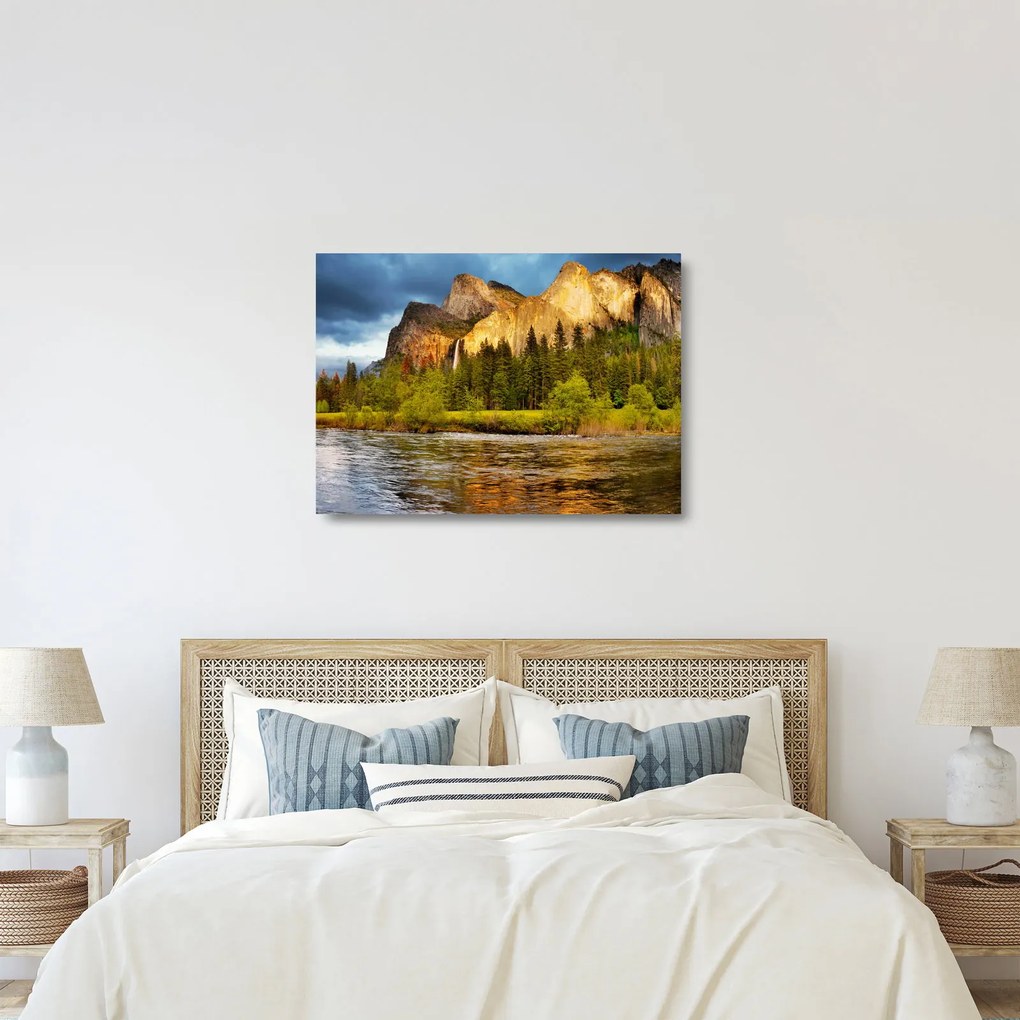 Tablou pe sticlă - Stânci lăngă lac (70x50 cm)