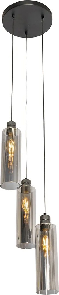 Lampă modernă cu pandantiv neagră cu sticlă fumurie cu 3 lumini - Stavelot