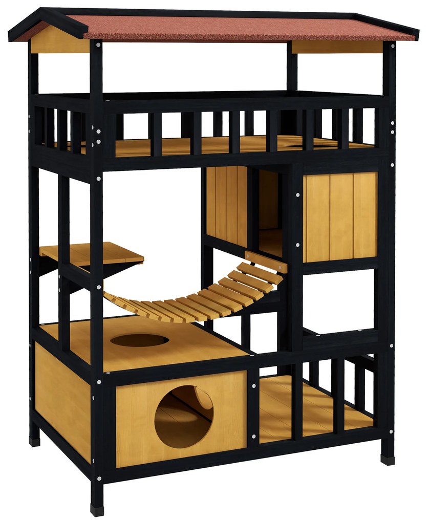 PawHut Casă de pisici, Paradisul pisicilor cu platforme, pod suspendat și cuiburi de pisici, potrivit pentru până la 2 pisici, lemn | Aosom Romania