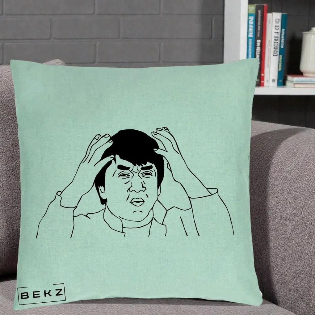 Perna Decorativa Jackie Chan WTF, 40x40 cm, Verde Menta, Husa Detasabila, Perna Inclusa, BEKZ®