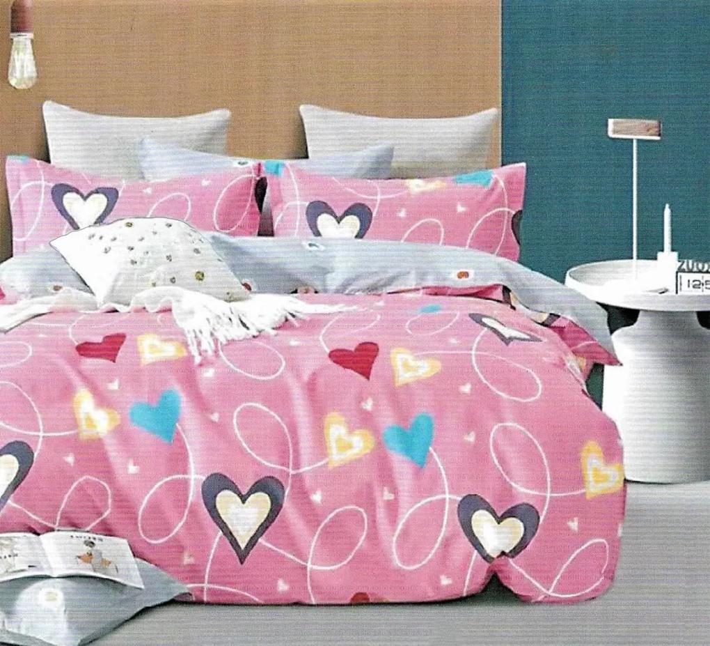 Lenjerie de pat cu husa elastic Big Hearts din bumbac ranforce, gramaj tesatura 120 g/mp, multicolor