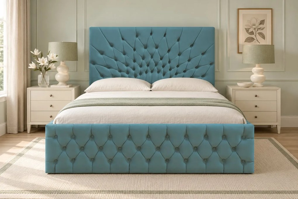 Pat tapițat Chesterfield din catifea Venezia 140×200 cm, verde marin, cu ladă de depozitare
