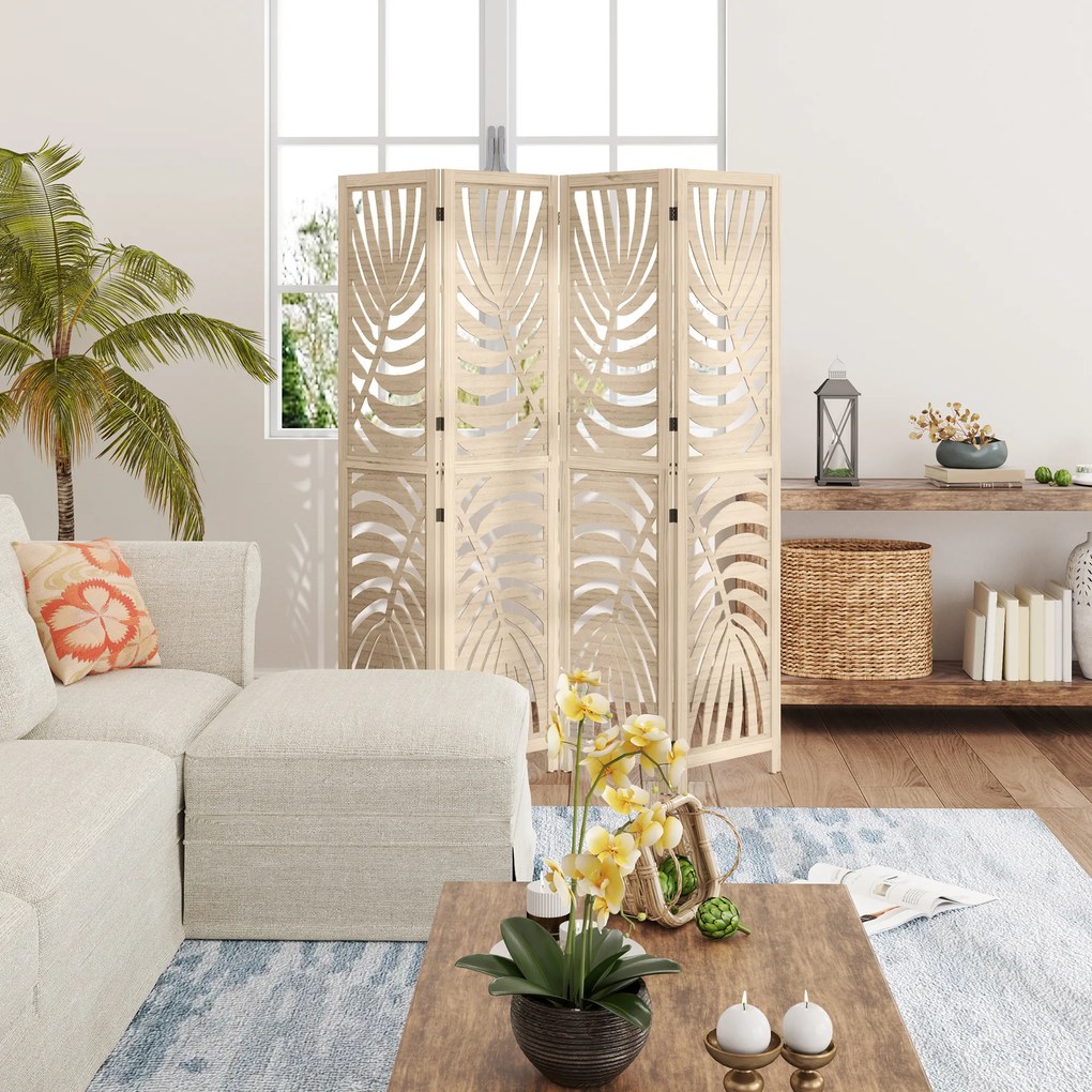 HOMCOM Paravan interior din lemn 4 panouri 160 x 170 cm, pliabil și portabil, model frunză, design detașabil, lemn natural | Aosom Romania