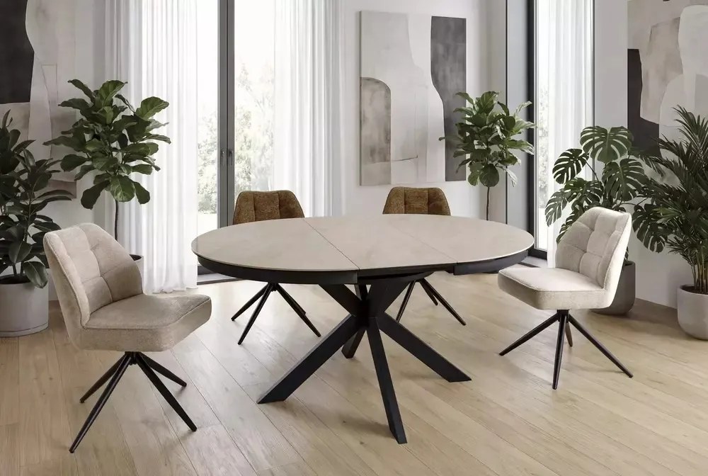 Masa extensibila Porto Ceramic bej lucios/negru mat L120-160xl120 cm