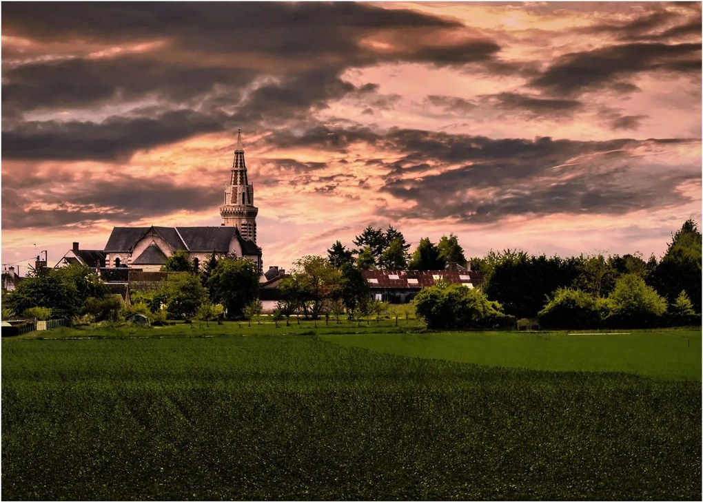 Tablou pe sticlă cu peisaj și biserică (70x50 cm)
