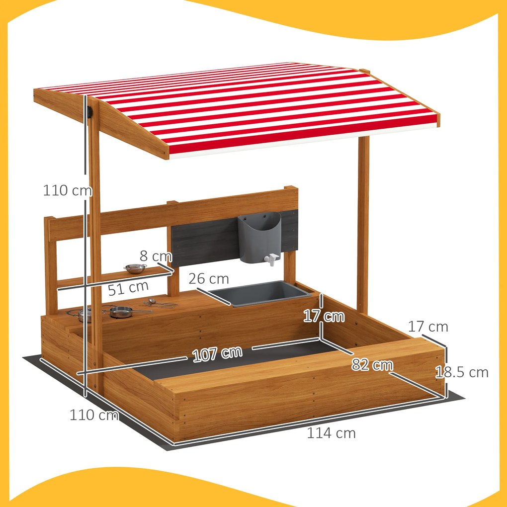 Outsunny Nisipar din lemn pentru copii cu copertină reglabilă și jucării de bucătărie Juego para Niños 3-7 Años 114x110x110 cm Maro | Aosom Romania