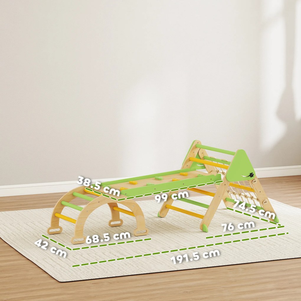AIYAPLAY Set de Joacă pentru Copii 5 în 1 cu Triunghi, Perete Neted și Arc, din Lemn de Plop și Pin, 191.5x74.5x63 cm | Aosom Romania
