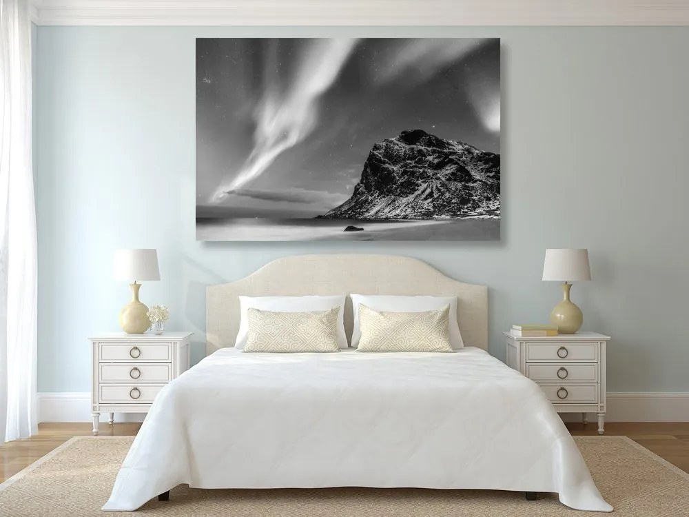 Tablou aurora polară în Norvegia în design alb-negru