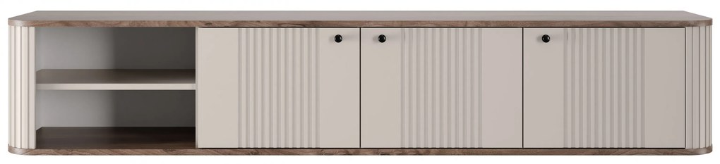 Comodă TV suspendată Vesper 187 cm cu 3 uși - cașmir / nuc / mânere negre