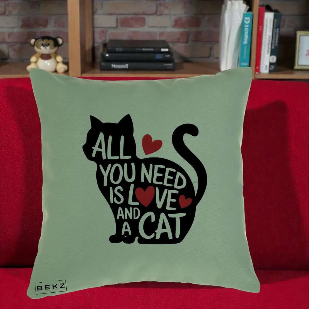Perna Personalizata All You Need is Love and a Cat, 40x40 cm, Verde, Husa Detasabila, Perna Inclusa, BEKZ®