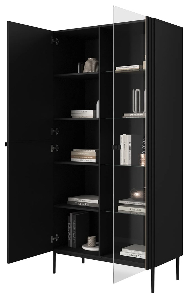 Vitrina Nicole 100 cm cu fata canelata - negru mat