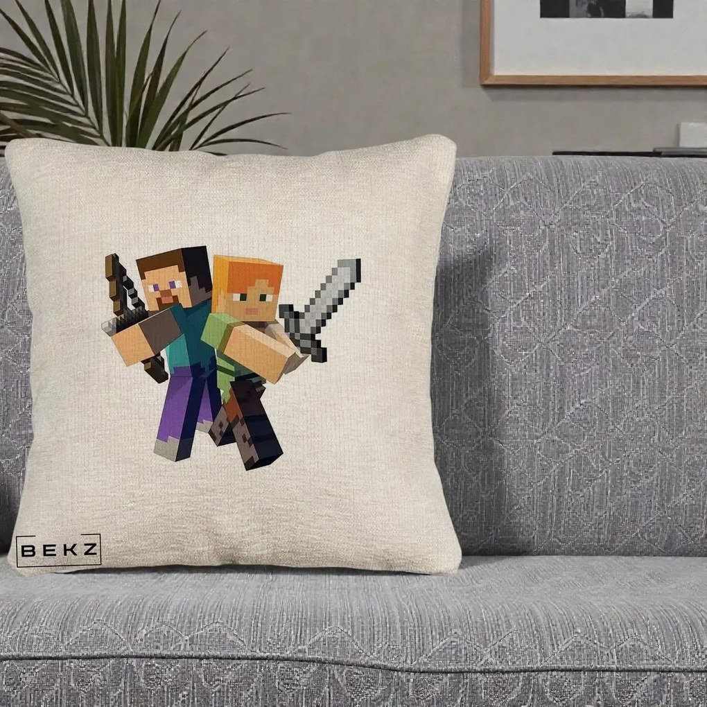 Perna Personalizata Minecraft Steve si Alex, 40x40 cm, Bej Canapea, Husa Detasabila, Perna Inclusa, BEKZ®