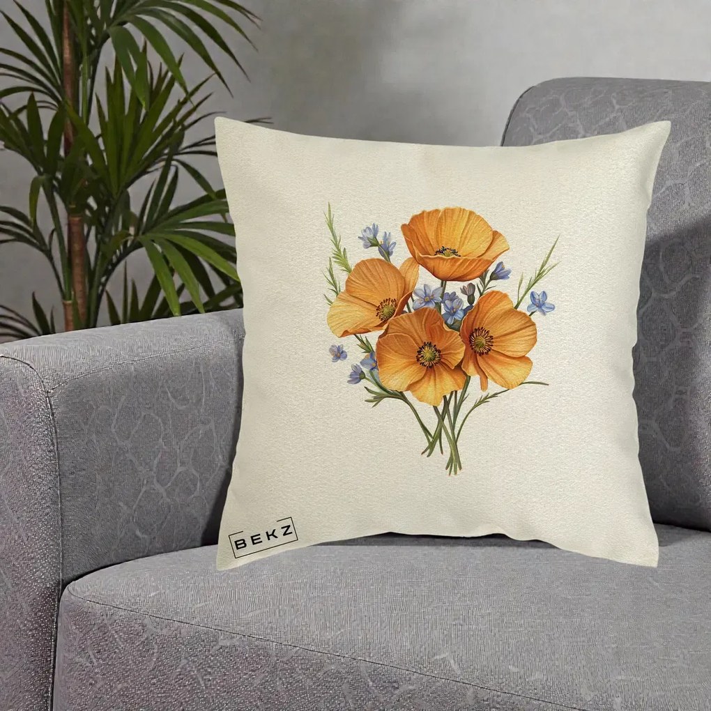 Perna Decorativa Maci Portocalii cu Floricele Albastre, 40x40 cm, Ecru, Husa Detasabila, Perna Inclusa, BEKZ®