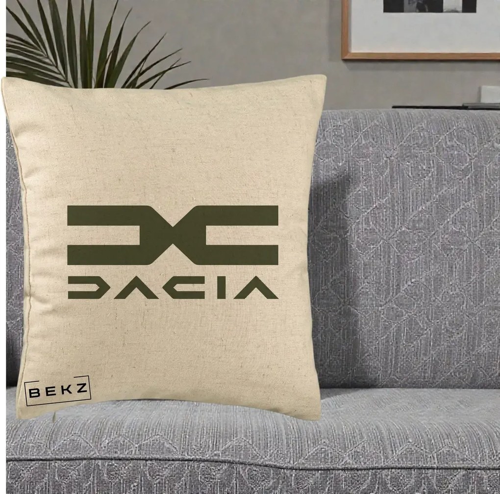 Perna Personalizata cu emblema Dacia, 40x40 cm, Bej, Husa Detasabila, Perna Inclusa, BEKZ®