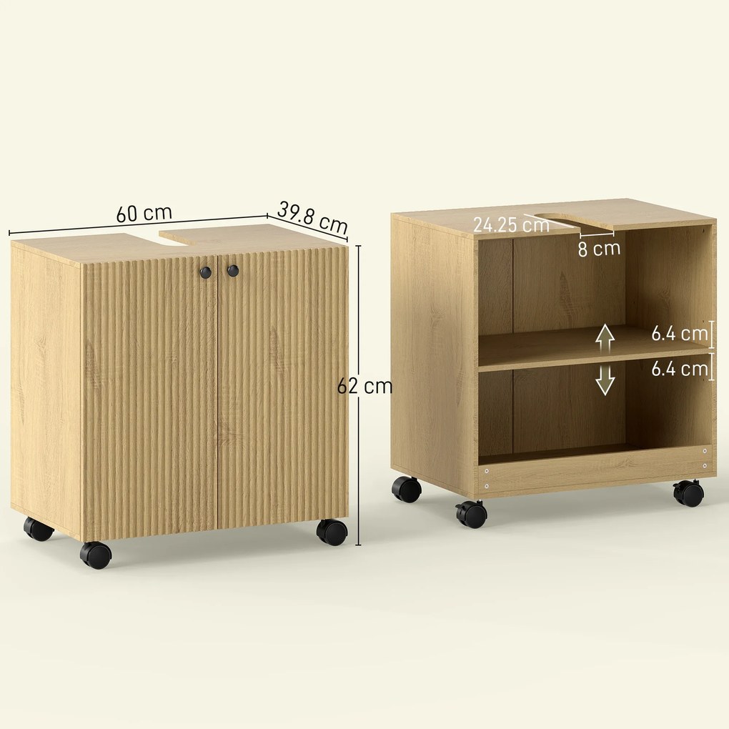 HOMCOM Dulap sub-chiuvetă pentru baie, raft în 3 trepte, roți, lemn | Aosom Romania