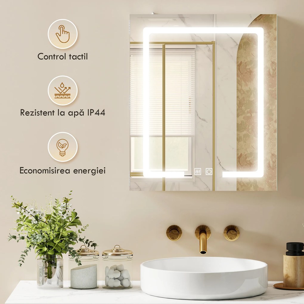 HOMCOM Dulap Baie cu Oglindă și LED, 50x15x60 cm, Anti-Aburire, Rafturi Reglabile, 3 Temperatură de Lumină, Dulap Suspendat din MDF, Alb | Aosom Romania