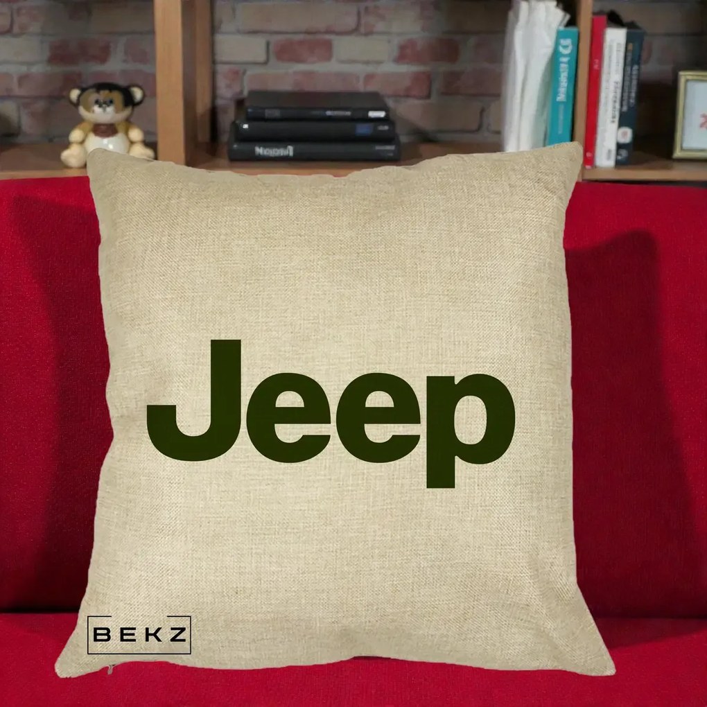 Perna Personalizata cu emblema Jeep, 40x40 cm, Crem, Husa Detasabila, Perna Inclusa, BEKZ®
