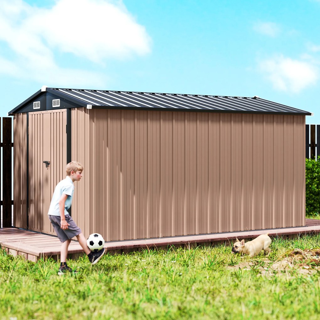 Outsunny Magazie de Grădină din Metal 364 x 238 cm cu 4 Grile de Ventilație și Uși Duble cu Încuietoare, Maro | Aosom Romania