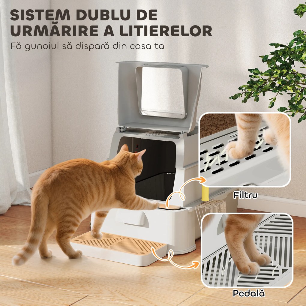 PawHut Litieră închisă pentru pisici de 80L cu tavă detașabilă, din ABS și oțel inoxidabil, 63x43x43 cm, gri deschis | Aosom Romania
