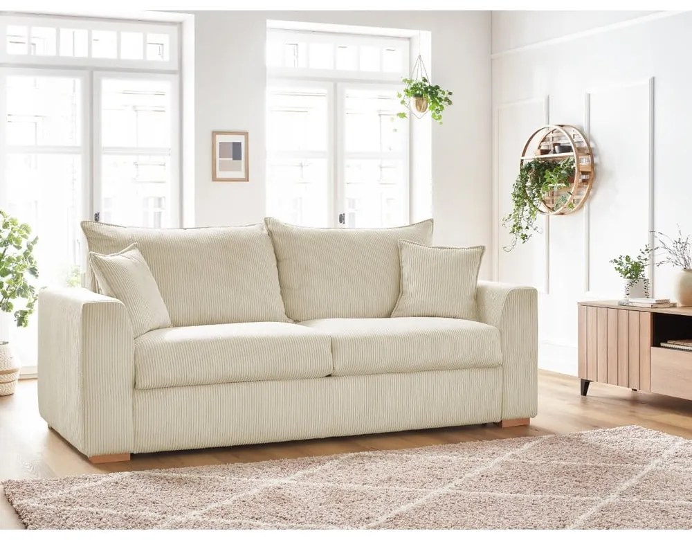 Canapea crem extensibilă cu tapițerie din catifea reiată 225 cm Augustin – Bobochic Paris