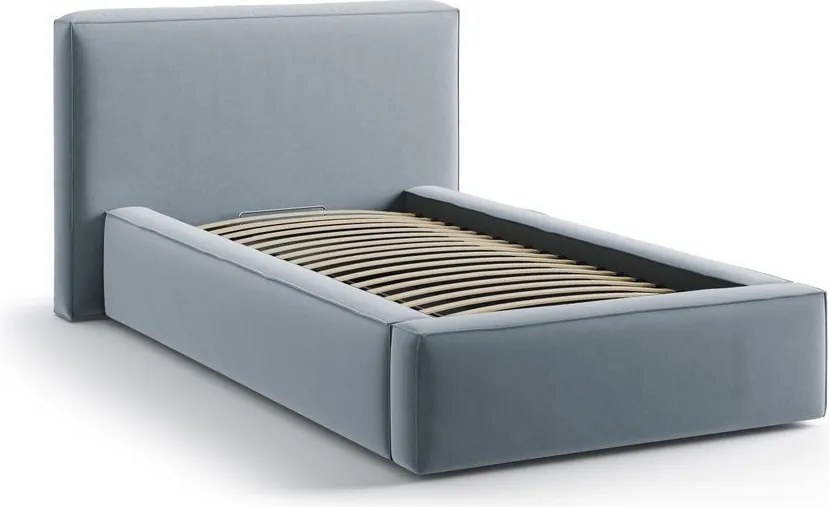 Pat albastru deschis tapițat cu spațiu de depozitare cu somieră 90x200 cm Jodie – Micadoni