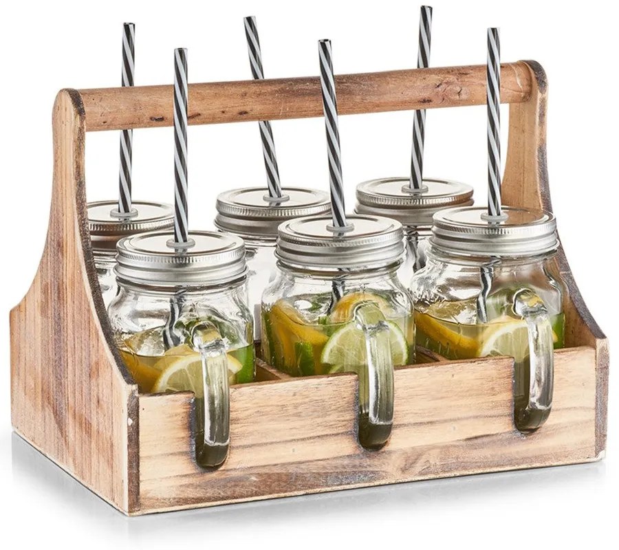Cutie pentru borcane de băut + 6 x borcan cu pai, din lemn, ZELLER