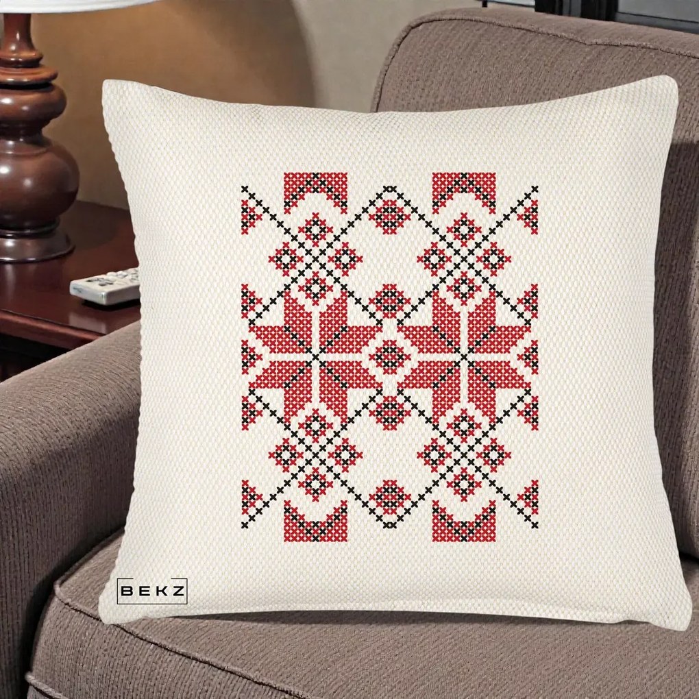 Perna Personalizata Motiv Traditional Cusatura Rosu-Negru, 40x40 cm, Crem Reliefat, Husa Detasabila, Perna Inclusa, BEKZ®