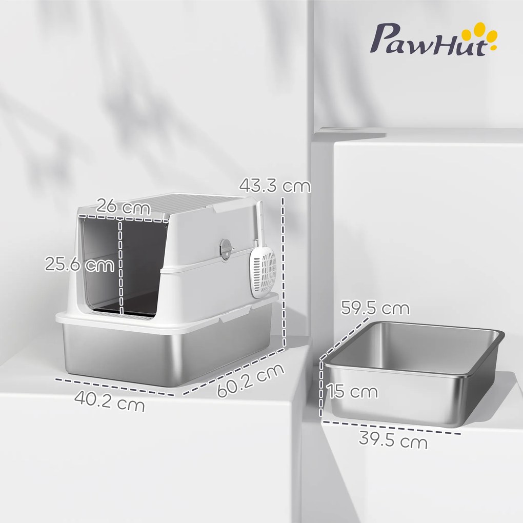 PawHut Extra Large din Oțel Inoxidabil, Litieră pentru Pisici cu Lopățică, Capac Rabatabil | Aosom Romania