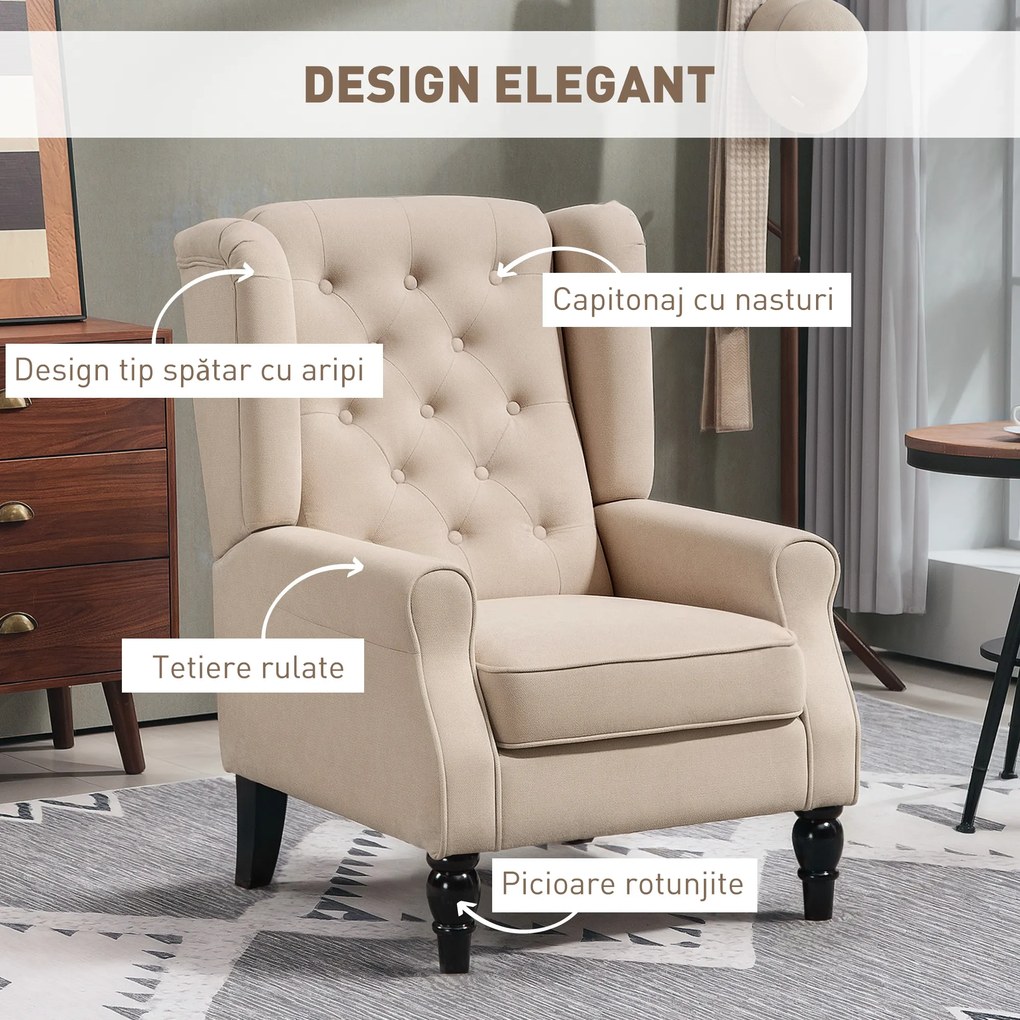 HOMCOM Scaun Decorativ Capitonat cu Spatar Inalt, Cotiere Rotunjite Captusite și Sezut cu Captuseala Groasa, Albastru | Aosom Romania