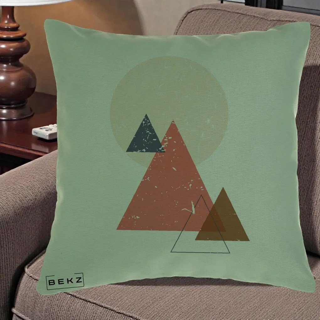 Perna Decorativa Geometric Munti si Soare, 40x40 cm, Verde, Husa Detasabila, Perna Inclusa, BEKZ®