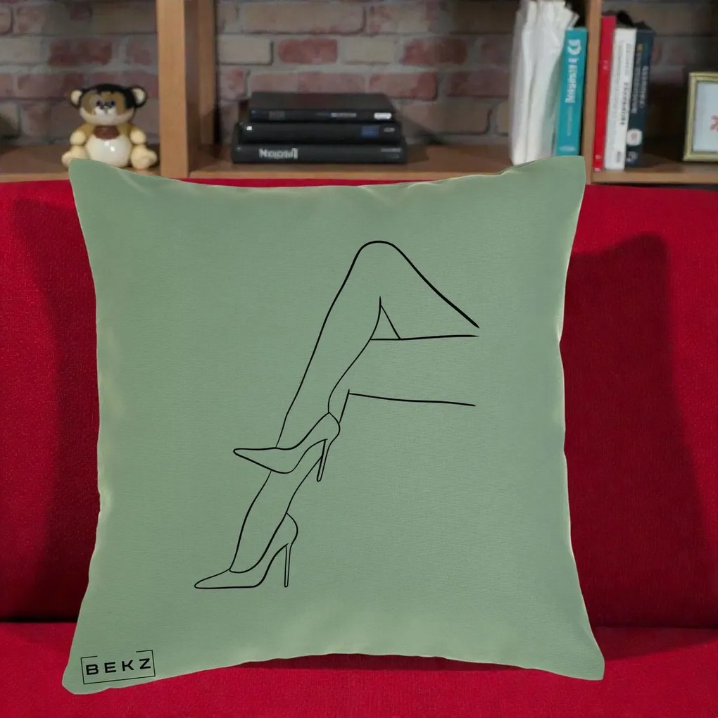 Perna Decorativa Picioare cu Tocuri Line Art, 40x40 cm, Verde, Husa Detasabila, Perna Inclusa, BEKZ®