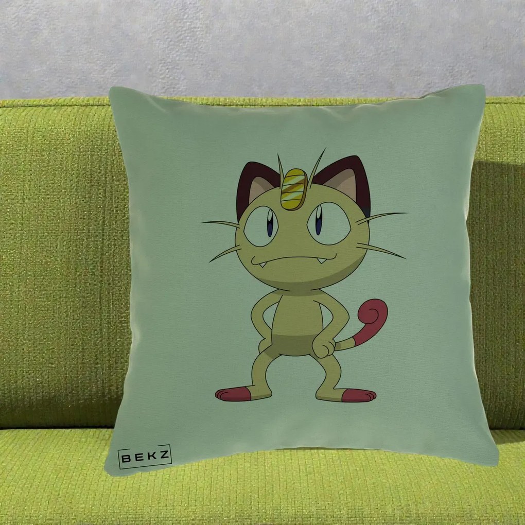 Perna Personalizata Meowth Pokemon, 40x40 cm, Verde, Husa Detasabila, Perna Inclusa, BEKZ®