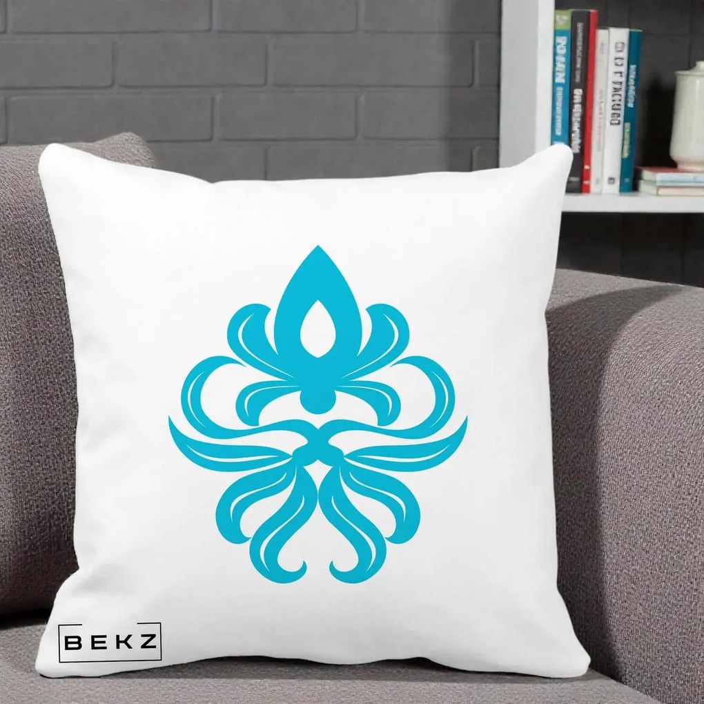 Perna Decorativa Ornament Turcoaz Fleur de Lis, 40x40 cm, Alba Mata, Husa Detasabila, Perna Inclusa, BEKZ®