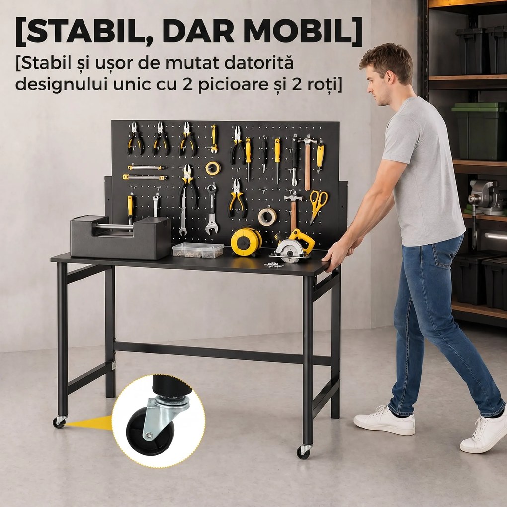 HOMCOM Banc de Lucru Pliabil Portabil cu Panou Perforat, Blat Gros din Lemn, Structură din Oțel, Negru | Aosom Romania
