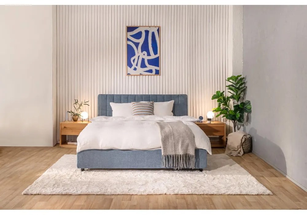 Pat matrimonial albastru tapițat cu spațiu de depozitare cu somieră 180x200 cm Myra Slim Line – Bonami Selection