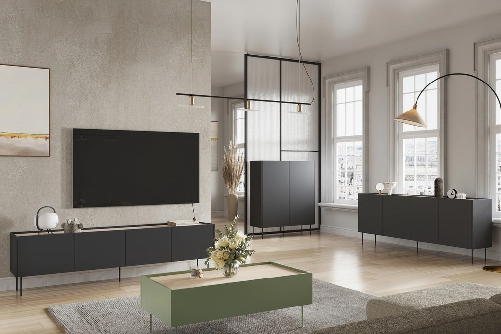 Comodă TV Desin 220 cm cu picioare metalice - negru mat / stejar nagano