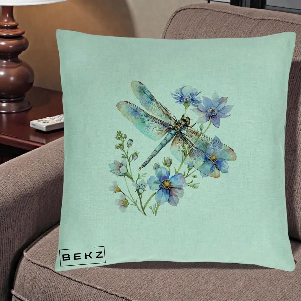 Perna Decorativa Libelula Acuarela Flori Albastre, 40x40 cm, Verde Menta, Husa Detasabila, Perna Inclusa, BEKZ®