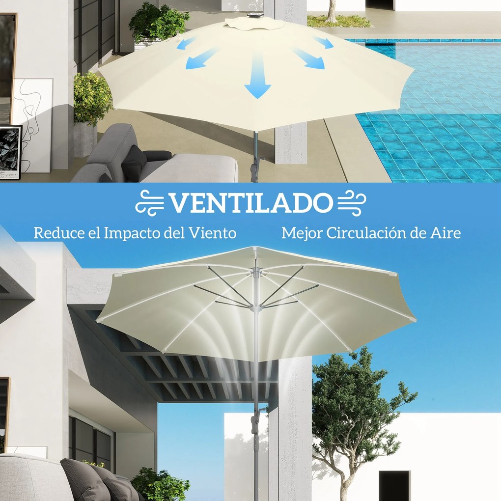 Outsunny Umbrelă Terasă Exterioară cu Lumini LED Protecție UV50+ Stâlp din Aluminiu Manivelă Acoperiș Ventilat Ø300x256 cm Crem | Aosom Romania