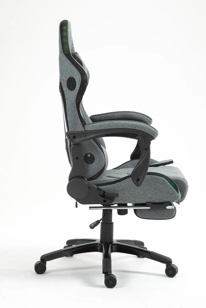 RESIGILAT- Scaun gaming, Masaj 7 puncte, Sistem iluminare banda LED RGB, Boxe Bluetooth, funcție șezlong, 90-155 grade, suport picioare, Textil, Gri/Negru