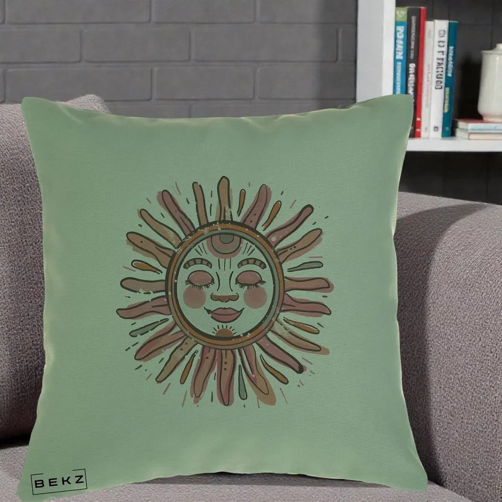 Perna Decorativa Soare Roz Tribal, 40x40 cm, Verde, Husa Detasabila, Perna Inclusa, BEKZ®